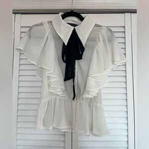 Elegant White Ruffle Blouse with Black Tie